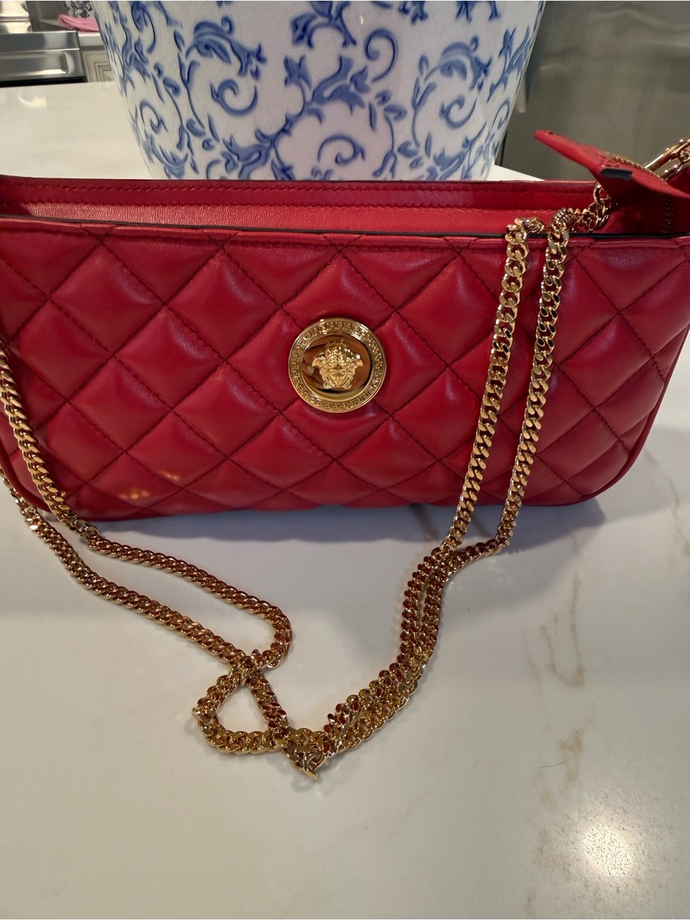 Versace Red Quilted Leather Crossbody with Gold Medallion Chain